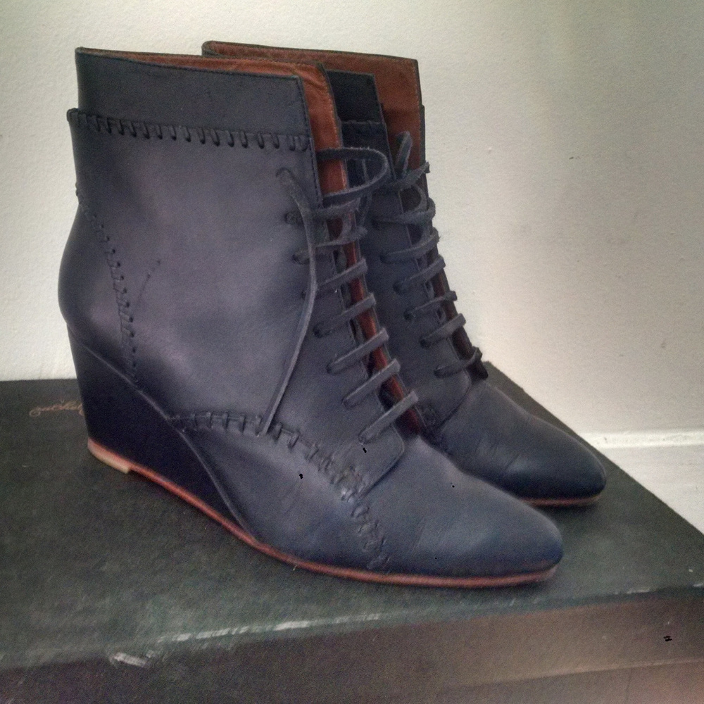 Rachel Comey Lace Up Wedge Bootie Navy Blue